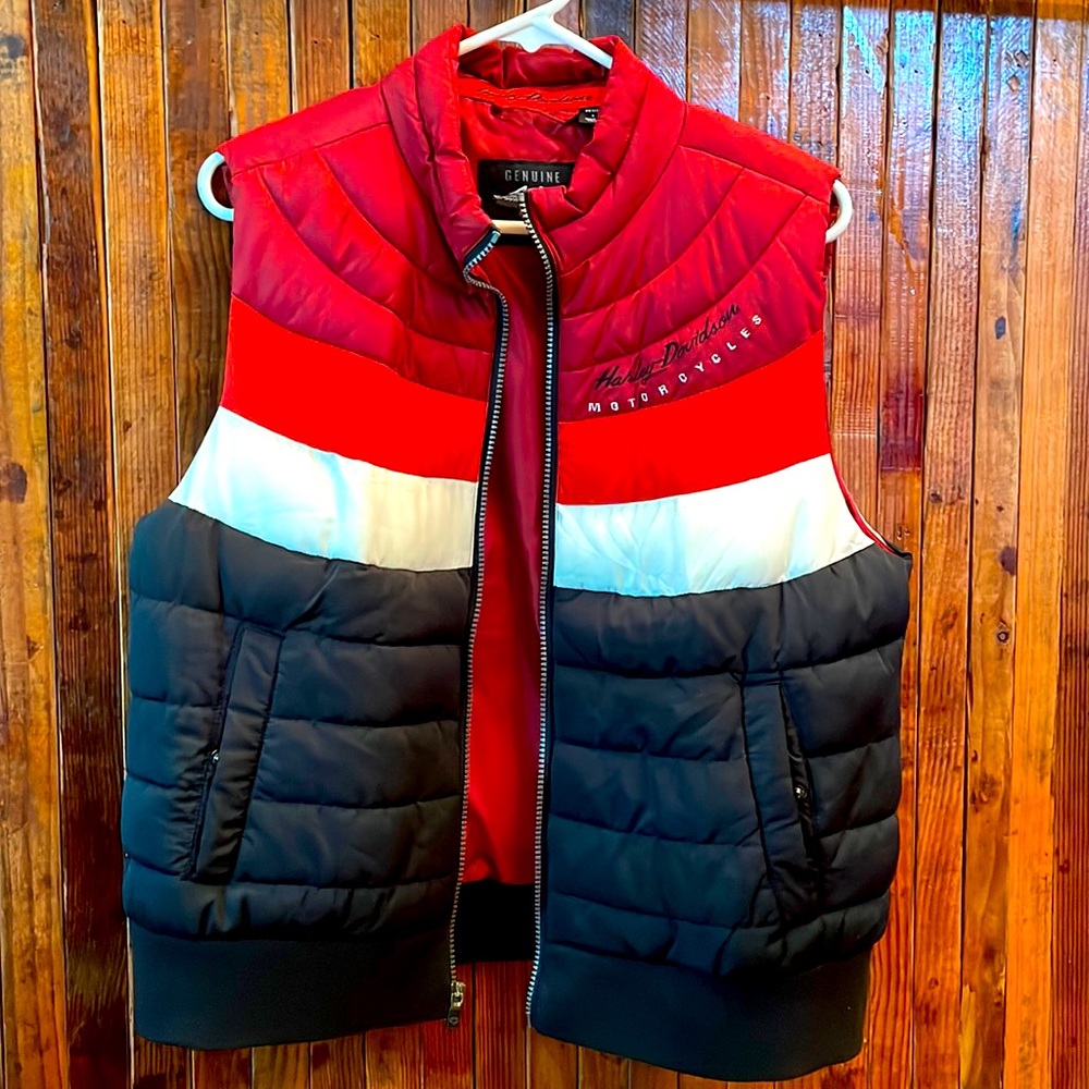 Womens puffy vest, red, white, and blue